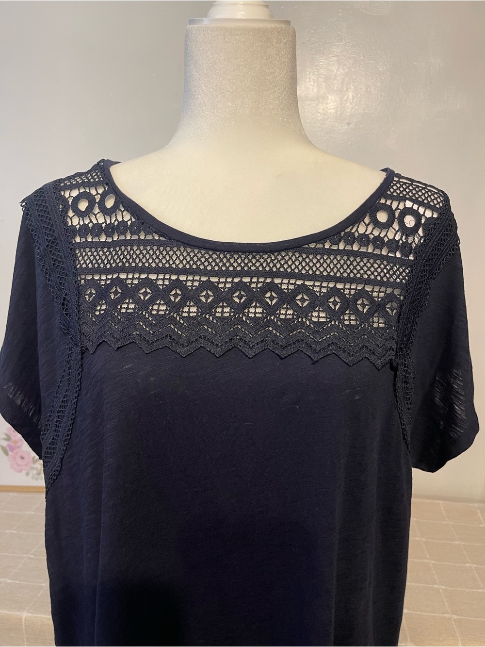 LOFT women’s casual Navy Lace Yoke Short Sleeve Blouse size XL 100% cotton NWT - Picture 7 of 15